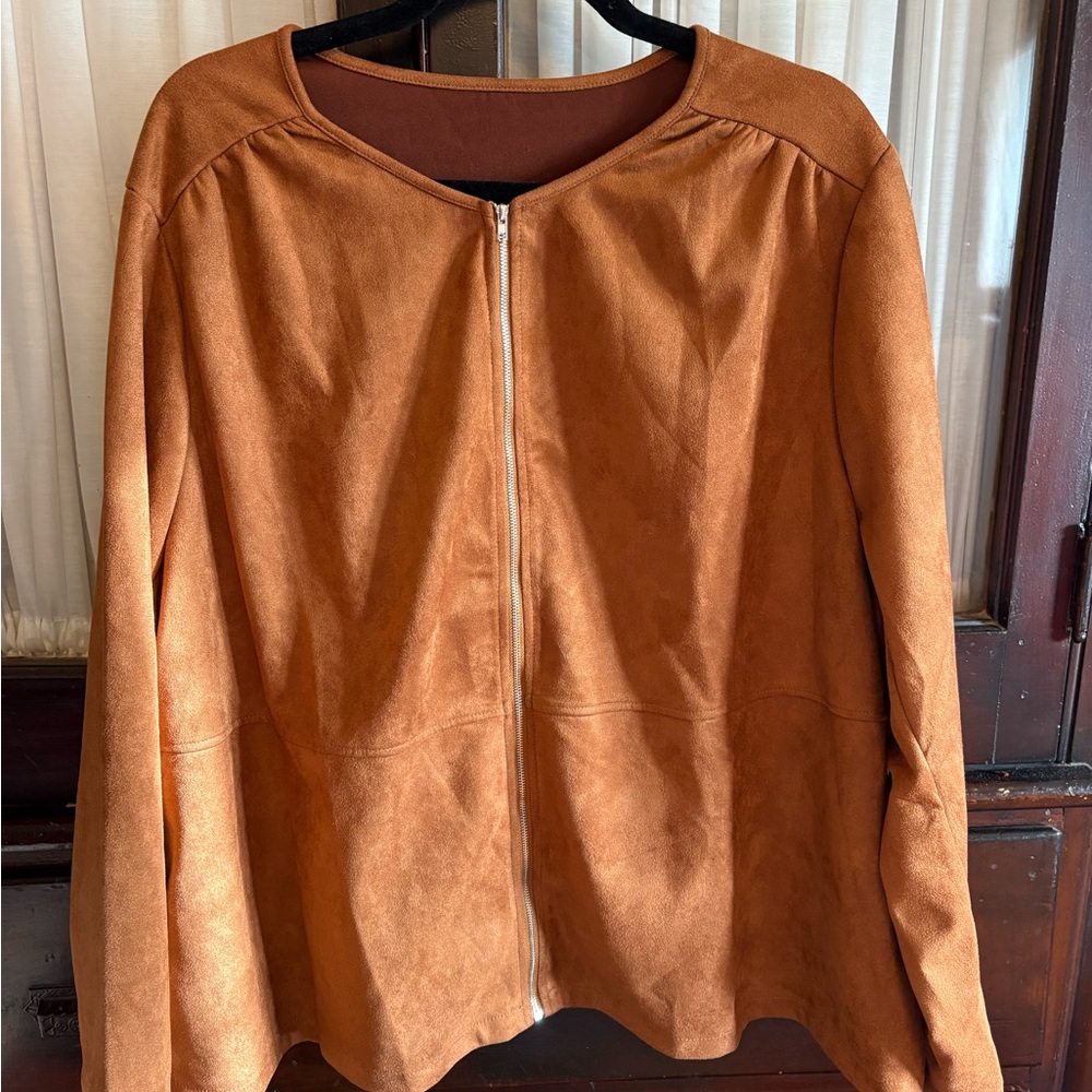 Tan Suede-Look Zip Front Jacket